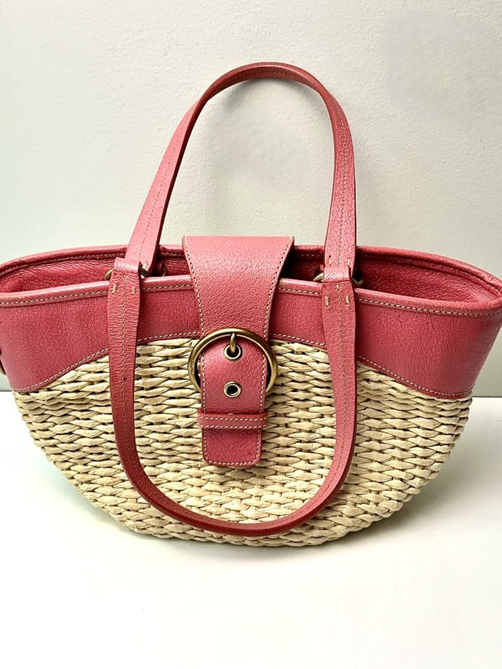 MIU MIU Woven Straw Leather Tote Bag Pink Top Handle Summer Bag Made in Italy